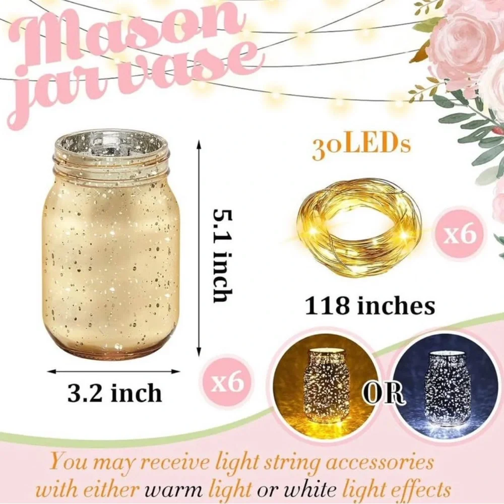 6 Pcs Gold Mason Jars Colored Painted Mason Jars Decorative Centerpiece NIB